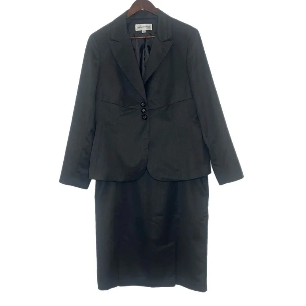 Jones New York Gray 2 Piece Skirt Suit 3 Button Blazer Career Women’s